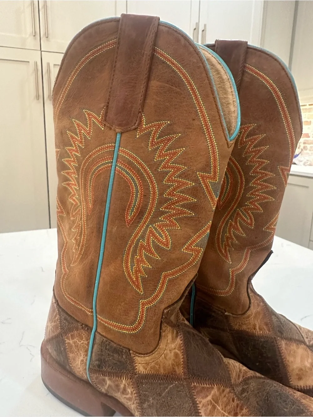 Anderson Bean Patchwork Brown Leather Cowboy Boots w Turquoise Stitching- boys 4